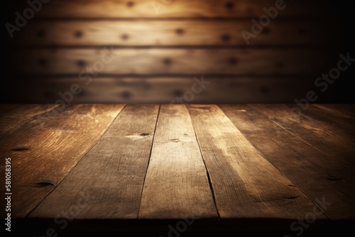 Empty wood table top against abstract blurred bokeh background. For product photography and montage as digital illustration (Generative AI)