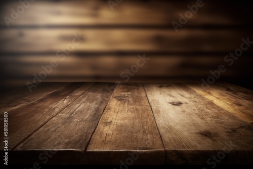 Empty wood table top against abstract blurred bokeh background. For product photography and montage as digital illustration (Generative AI)