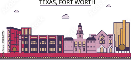 United States, Fort Worth tourism landmarks, vector city travel illustration