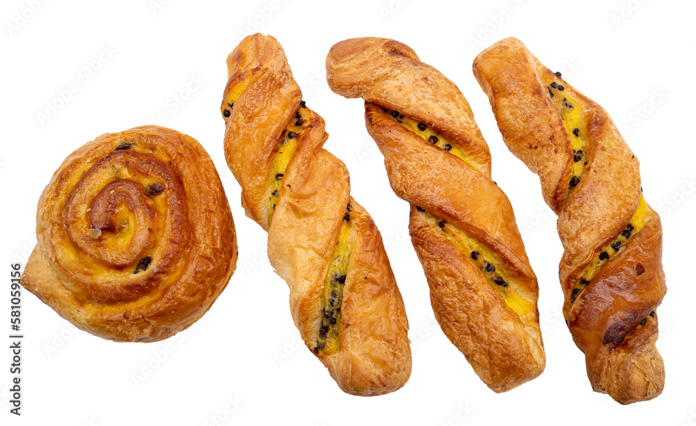 Φωτογραφία un pain au raisins et trois torsades sur fond transparent