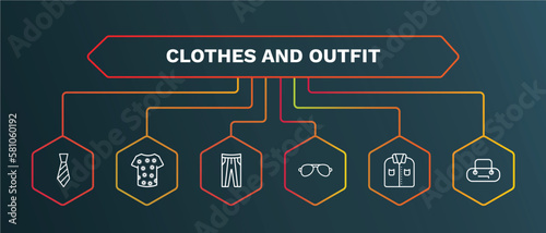 set of clothes and outfit white thin line icons. clothes and outfit outline icons with infographic template. linear icons such as t shirt with de, oxford wave suit pants, pilot sunglasses, formal