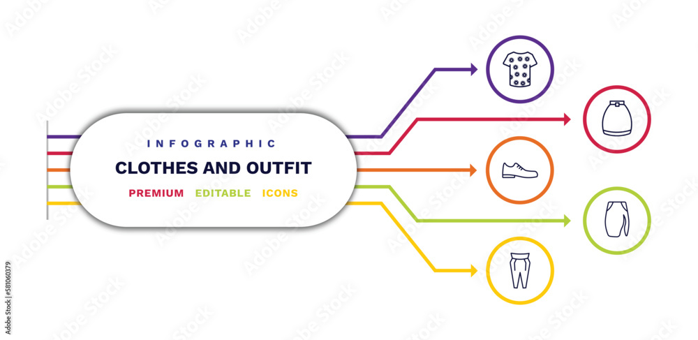 Fototapeta premium set of clothes and outfit thin line icons. clothes and outfit outline icons with infographic template. linear icons such as t shirt with de, leather shoes, pegged pants, circle skirt, slit skirt