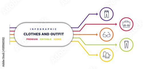 set of clothes and outfit thin line icons. clothes and outfit outline icons with infographic template. linear icons such as chi pants, cat eye glasses, wool gloves, messenger bag, slim fit pants