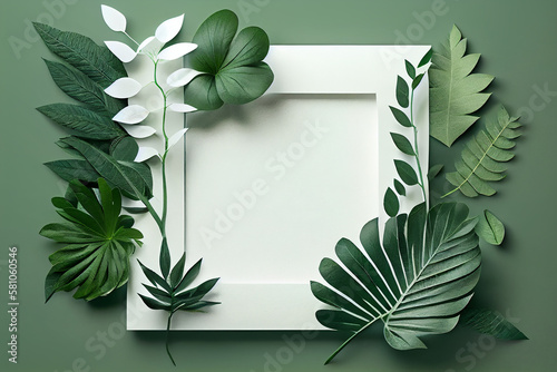 green leaf frame with white background. Generative ai