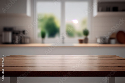 Empty wooden tabletop with blurred kitchen background. Mock up for display or montage of product. Blur kitchen counter background for montage product display for visual layout. AI generated image