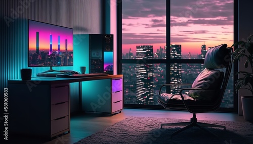 A computer desk and a bookcase are seen in a 3D picture of a modern room at night. Generative Ai.