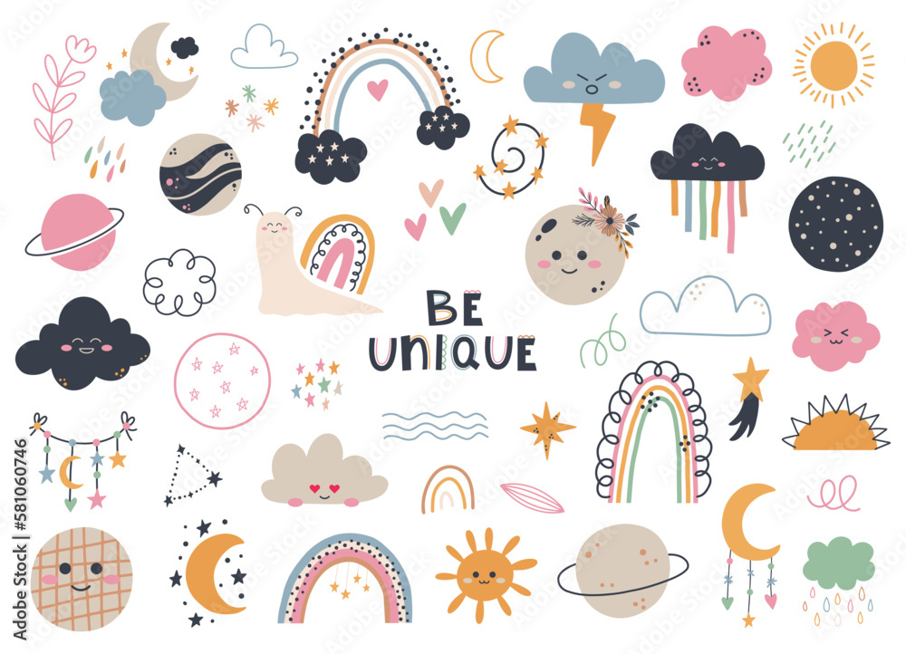 Set of cute hand draw rainbow, sun, cloud, star, weather in boho style Set of cute hand draw rainbow, sun, cloud, star, weather in boho style