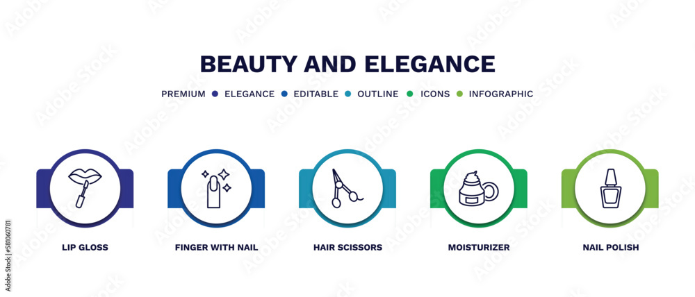 set of beauty and elegance thin line icons. beauty and elegance outline icons with infographic template. linear icons such as lip gloss, finger with nail, hair scissors, moisturizer, nail polish