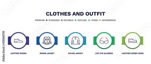 set of clothes and outfit thin line icons. clothes and outfit outline icons with infographic template. linear icons such as leather shoes, denim jacket, nylon jacket, cat eye glasses, leather derby
