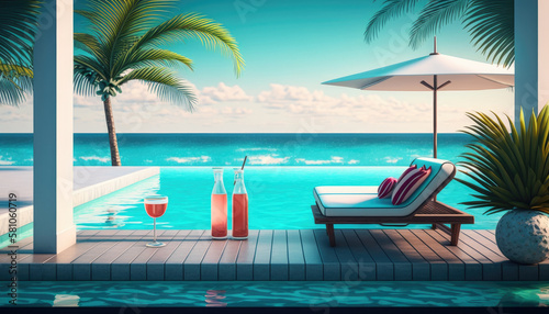 Cocktail on the edge of the pool overlooking the sea, holiday concept created with generative AI technology © Neuroshock