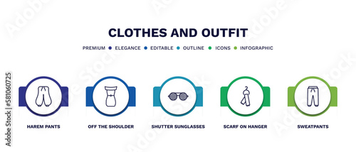 set of clothes and outfit thin line icons. clothes and outfit outline icons with infographic template. linear icons such as harem pants, off the shoulder dress, shutter sunglasses, scarf on hanger,