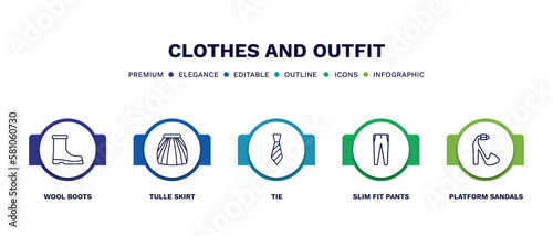 set of clothes and outfit thin line icons. clothes and outfit outline icons with infographic template. linear icons such as wool boots, tulle skirt, tie, slim fit pants, platform sandals vector.