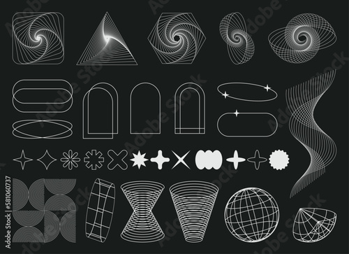Set of Abstract geometric shapes trending futuristic line design elements, infographic shapes. Modern trendy retro futurism digital vaporwave. Retrofuturistic Vector illustration for UI and UX