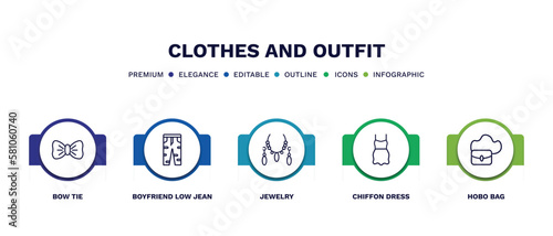 set of clothes and outfit thin line icons. clothes and outfit outline icons with infographic template. linear icons such as bow tie, boyfriend low jean, jewelry, chiffon dress, hobo bag vector.