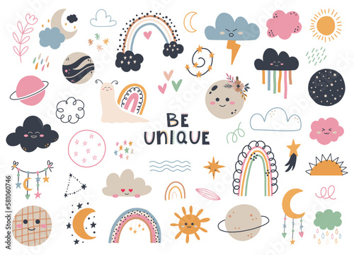 Set of cute hand draw rainbow, sun, cloud, star, weather in boho style