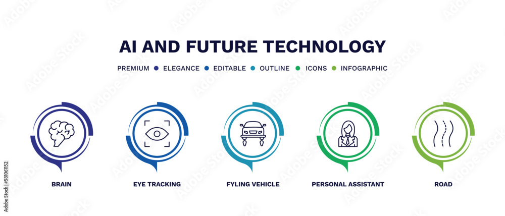 set of ai and future technology thin line icons. ai and future technology outline icons with infographic template. linear icons such as brain, eye tracking, fyling vehicle, personal assistant, road set of ai and future technology thin line icons. ai and future technology outline icons with infographic template. linear icons such as brain, eye tracking, fyling vehicle, personal assistant, road