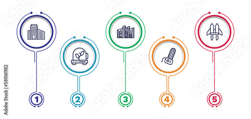 set of automation and high thin line icons. automation and high outline icons with infographic template. linear icons such as building, cityscape, jetpack, incubator, chainsaw vector.
