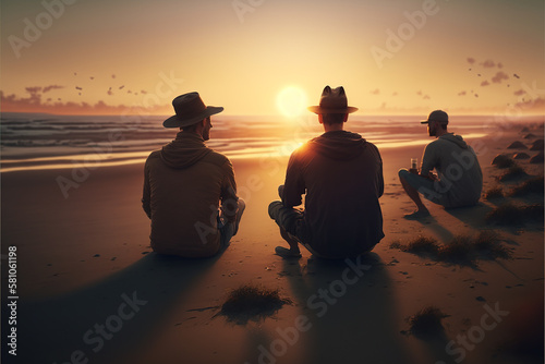 Group  happy people sits on background of empty sunset beach. Travel or sea vacations concept. Generative AI