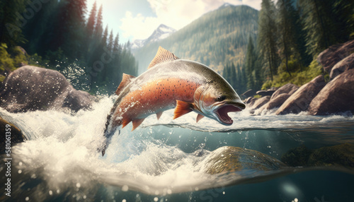 Salmon jumps on mountain river created with generative AI technology photo