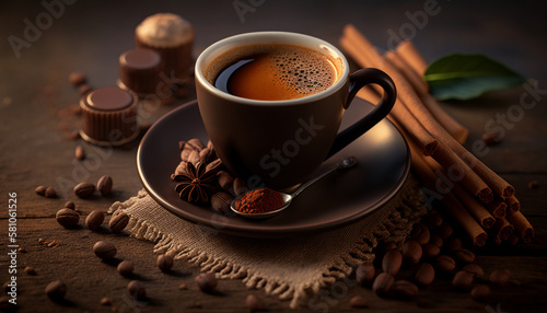 Coffee Espresso Cup With Beans And Cinnamon On Wooden Table  generative ai