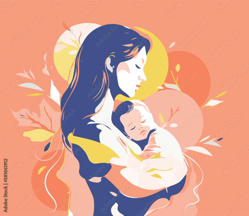 Tender illustration with a woman with a baby in her arms. Postcard for Mother's Day. Postpartum happy period. The concept of motherhood and health. Vibrant contrasting colors Tender illustration with a woman with a baby in her arms. Postcard for Mother's Day. Postpartum happy period. The concept of motherhood and health. Vibrant contrasting colors