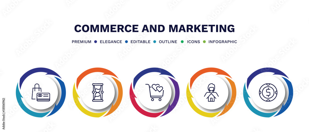 set of commerce and marketing thin line icons. commerce and marketing outline icons with infographic template. linear icons such as bag business card, , solidarity purchase, woman with mortgage, set of commerce and marketing thin line icons. commerce and marketing outline icons with infographic template. linear icons such as bag business card, , solidarity purchase, woman with mortgage,