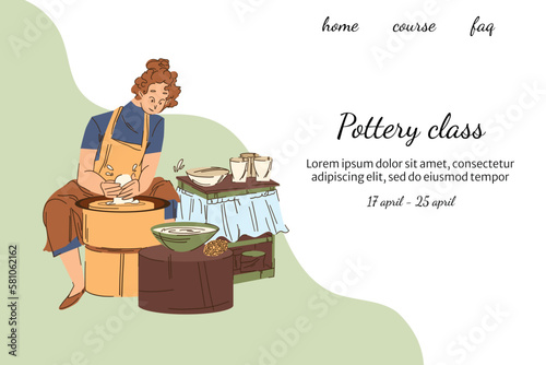 Pottery class banner with a girl working with clay on a potter s wheel in an apron, abstract design