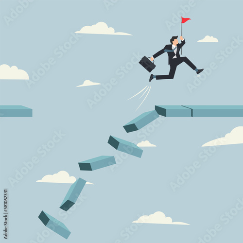 Businessman jumping on collapse bridge to reach target. Survive and success in crisis concept