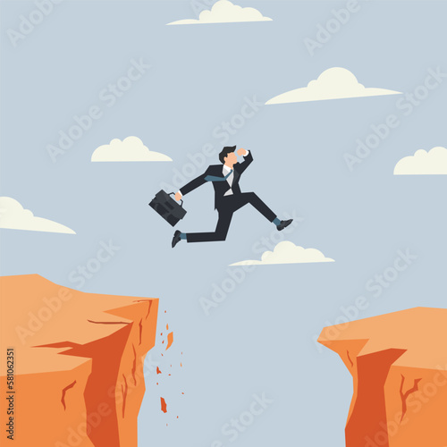 Businessman jumping over precipice with gap. Risk and challenge concept illustration