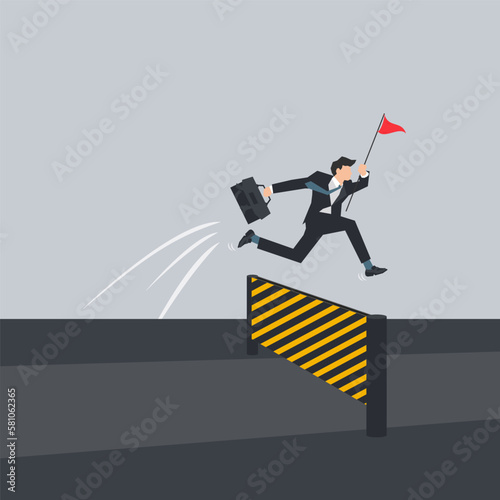 Businessman jumping on the obstacle. Survive and success overcoming obstacles in business or career concept