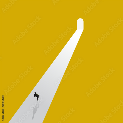 Businessman walking to the door in the end of the road. Business visionary leadership concept illustration