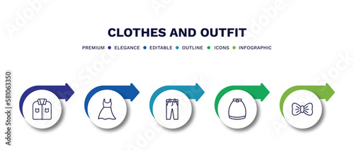 set of clothes and outfit thin line icons. clothes and outfit outline icons with infographic template. linear icons such as formal shirt, long bandeau dress, chi pants, circle skirt, bow tie vector.