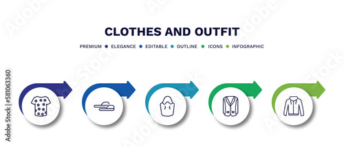 set of clothes and outfit thin line icons. clothes and outfit outline icons with infographic template. linear icons such as t shirt with de, sleepers, bucket bag, oxford wave blazer, hooded jacket