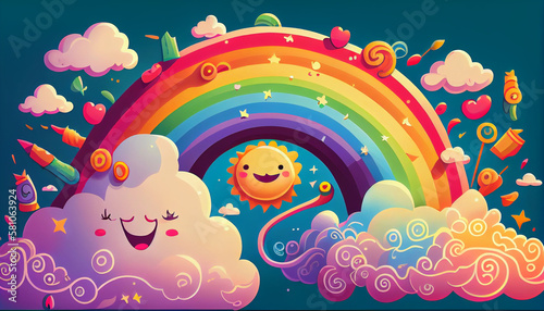 A cute kawaii-style illustration featuring a rainbow with smiling clouds  generative ai illustration