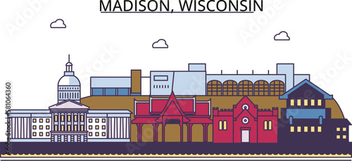United States, Madison tourism landmarks, vector city travel illustration