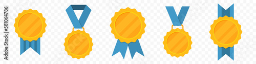 Set of golden medal with blue ribbon in a flat design