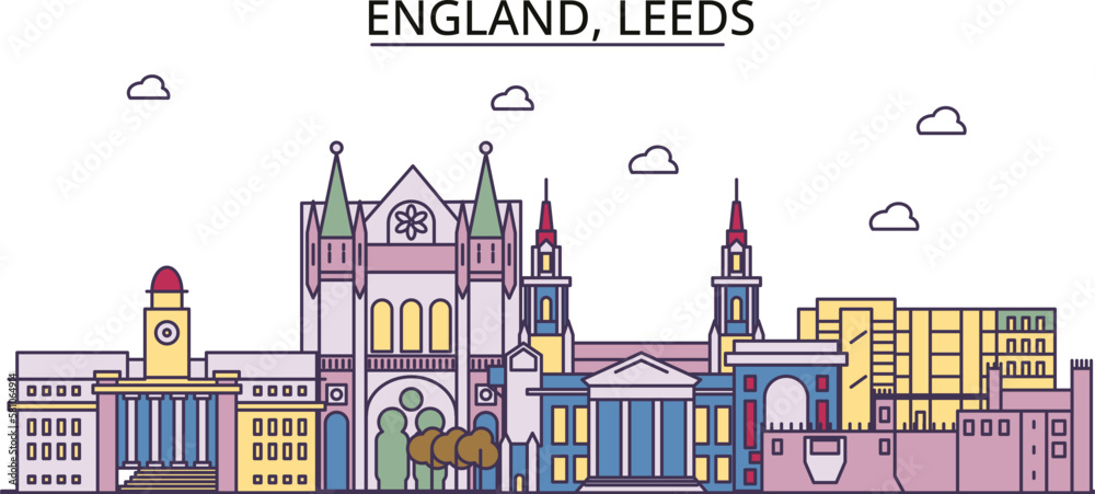 United Kingdom, Leeds tourism landmarks, vector city travel illustration