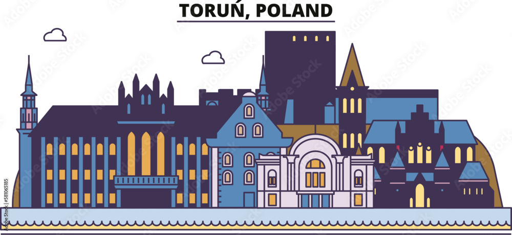 Poland, Torun tourism landmarks, vector city travel illustration - obrazy, fototapety, plakaty 