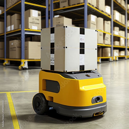 automated robots in warehouse delivering and transporting packages. generative ai