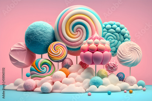 AI generative, Fantasy Colorful lollipops on cotton candy landscape, pink background, illustration