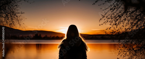 a woman in front of a lake. sunset, travel, adventure, lifestyle, relax, nature photo