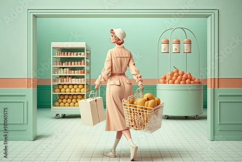 Generative AI Illustration of a woman in 50s style dress with supermarket shopping cart on pastel color background. Pop art vintage artwork