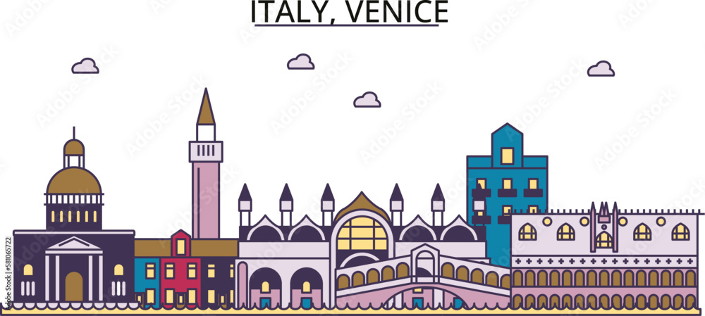 Italy, Venice tourism landmarks, vector city travel illustration - obrazy, fototapety, plakaty 