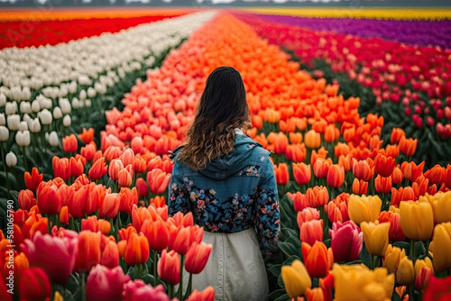 Generative AI Illustration of a woman with her back turned looking at a field of tulips and flowers full of color in the spring #581065790