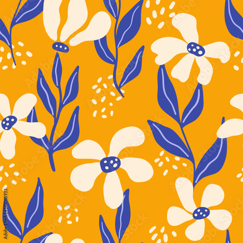 Seamless creative floral pattern. Fancy naive blooms, texture design for fabric, textile. Colored flat graphic vector illustration. © Anna Kubasheva