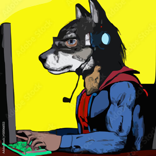 wolf with headset in front of a monitor