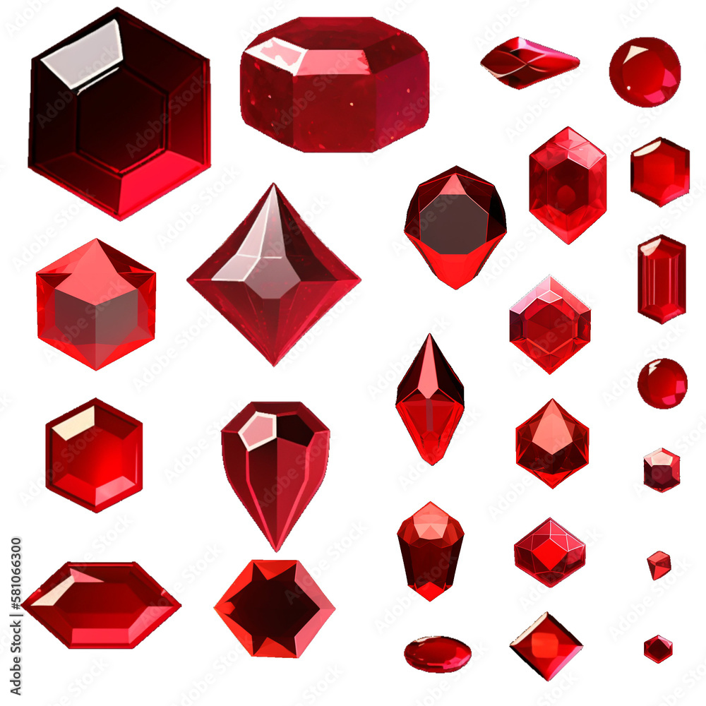 2d game ruby asset pack. gemstones rubies. transparent background