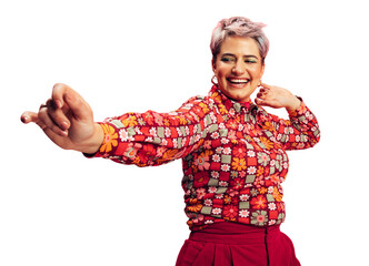 Excited young woman dancing and having fun on a transparent background