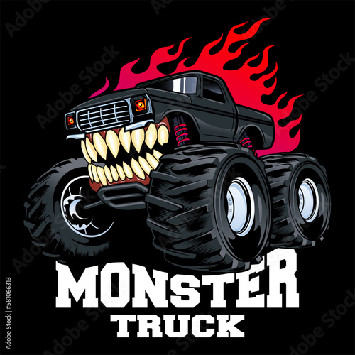 monster truck with mouth and teeth vector logo design inspiration, Design element for logo, poster, card, banner, emblem, t shirt. Vector illustration