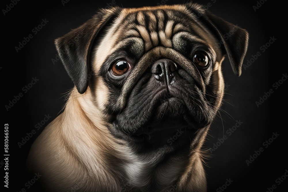 Centered portrait of a pug dog on a black background, generative AI art
